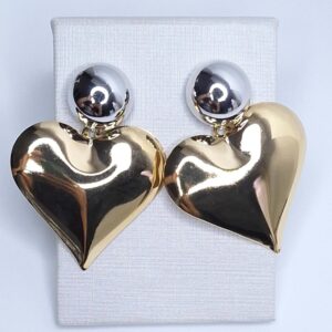 Brinco Meia Esfera 18mm e Coração 4mm Lisos Bicolor 25mm B. Ouro 18k