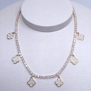 Colar Riviera zircônia 4mm com 6 trevos cravejados 40cm com fecho jóia Banho de Ouro 18k