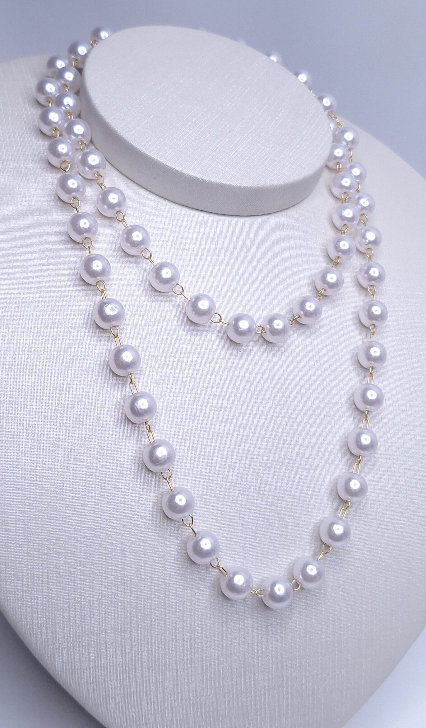 Colar pérola redonda sintética longo 7mm 70cm Banho de Ouro 18k