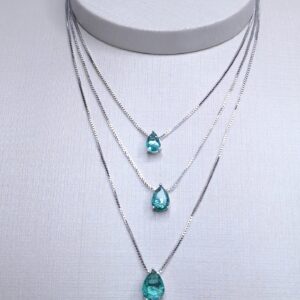 Conjunto Colar triplo gotas e brincos gota azul turquesa Banho de Ródio