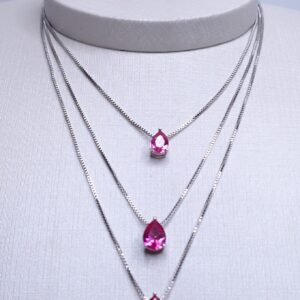 Conjunto Colar triplo gotas e brincos gota zircônia Fúcsia Banho de Ródio