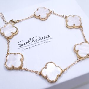 Pulseira Trevos madrepérola 15mm insp. alta joalheria 22cm com extensor 3cm Banho de Ouro 18k