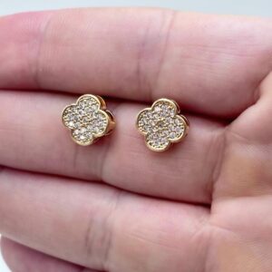 Brinco Trevo Cravejado microzircônia B. Ouro 18k