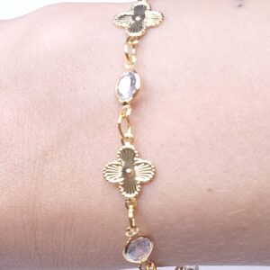 Pulseira trevos e pontos de luz zirconias 15 + 6cm Banho de Ouro 18k