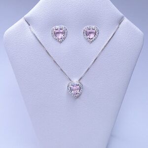 Conjunto Coração rosa bebê cravejado Prata 925