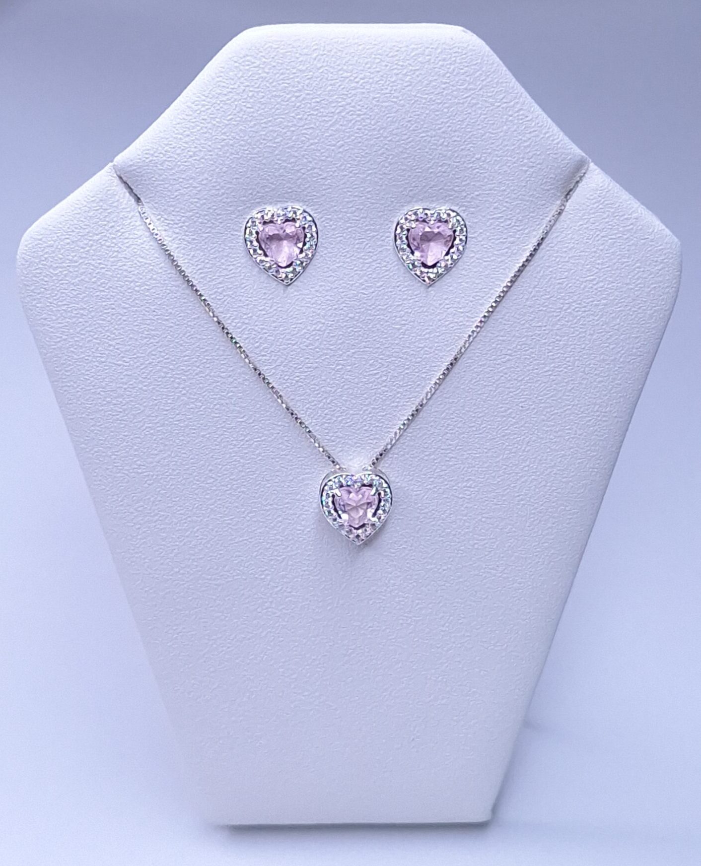 Conjunto Coração rosa bebê cravejado Prata 925