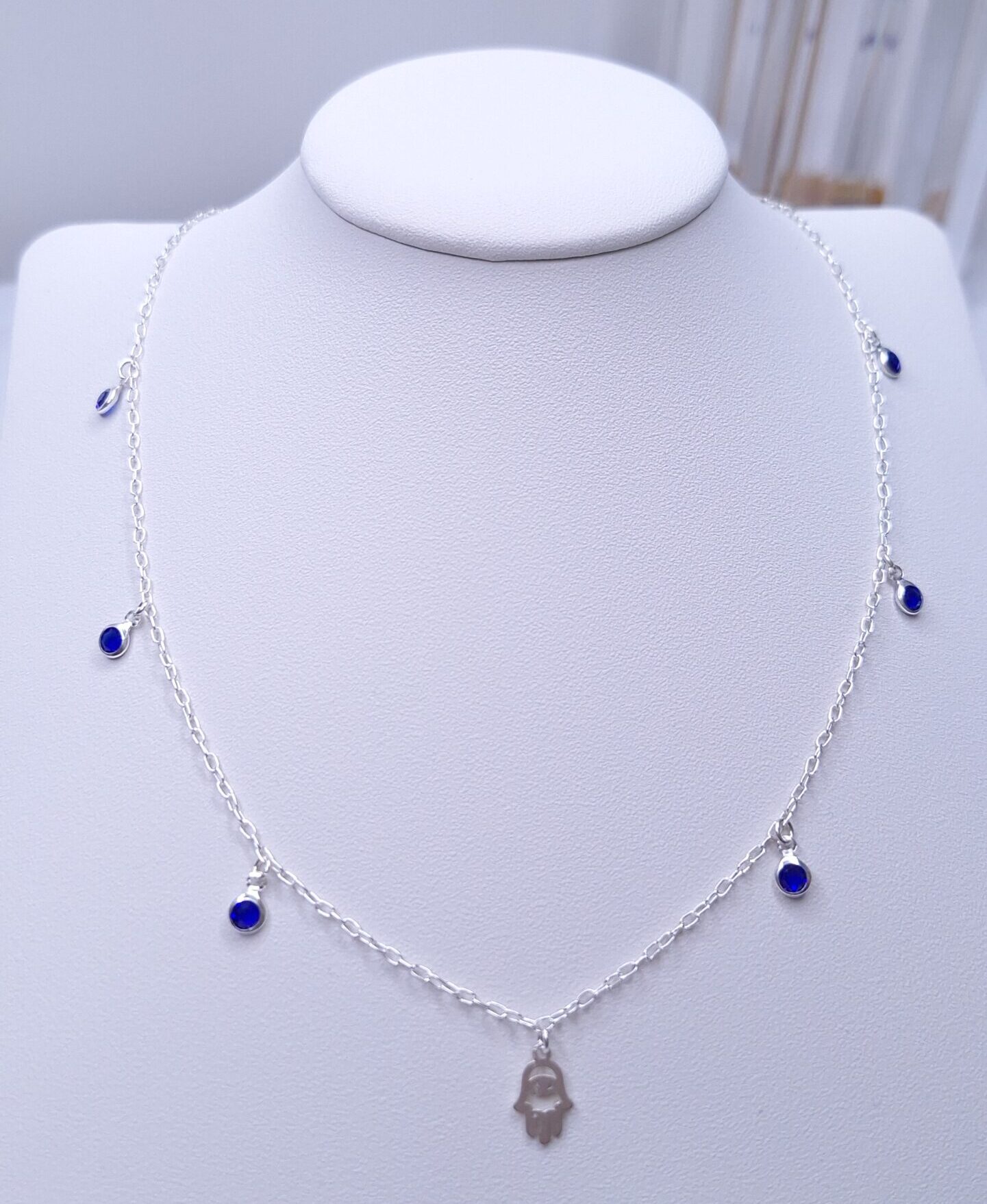Chocker colar zircônia azul e pingente mão 40cm Prata 925
