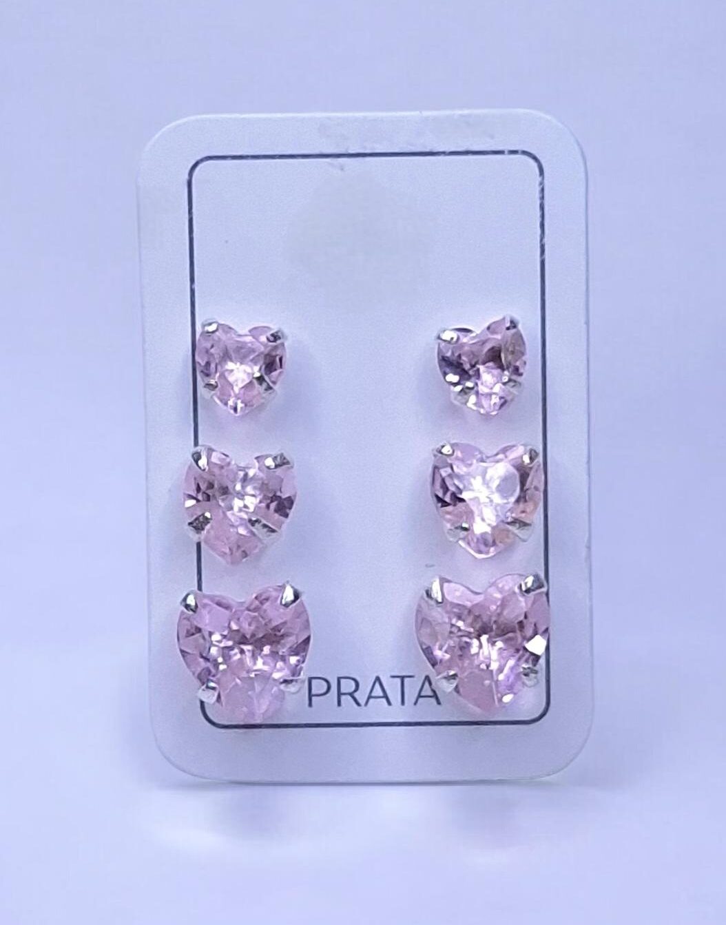 Trio Brincos Solitário Coração Rosa Ponto de Luz 5/4/3mm Prata 925