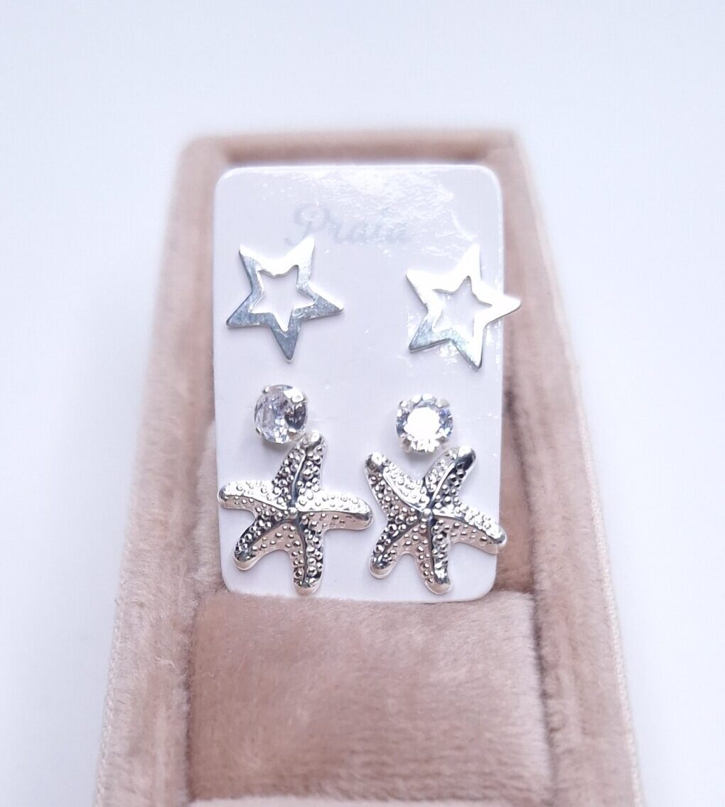 TRI - Trio Brincos Estrela/losango/ponto de luz Prata 925