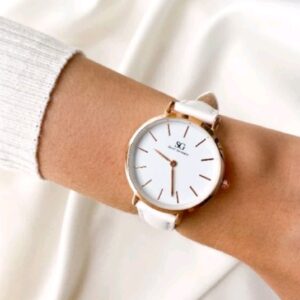 Relógio Feminino Branco Pulseira De Couro Queens Rosé Gold 32mm